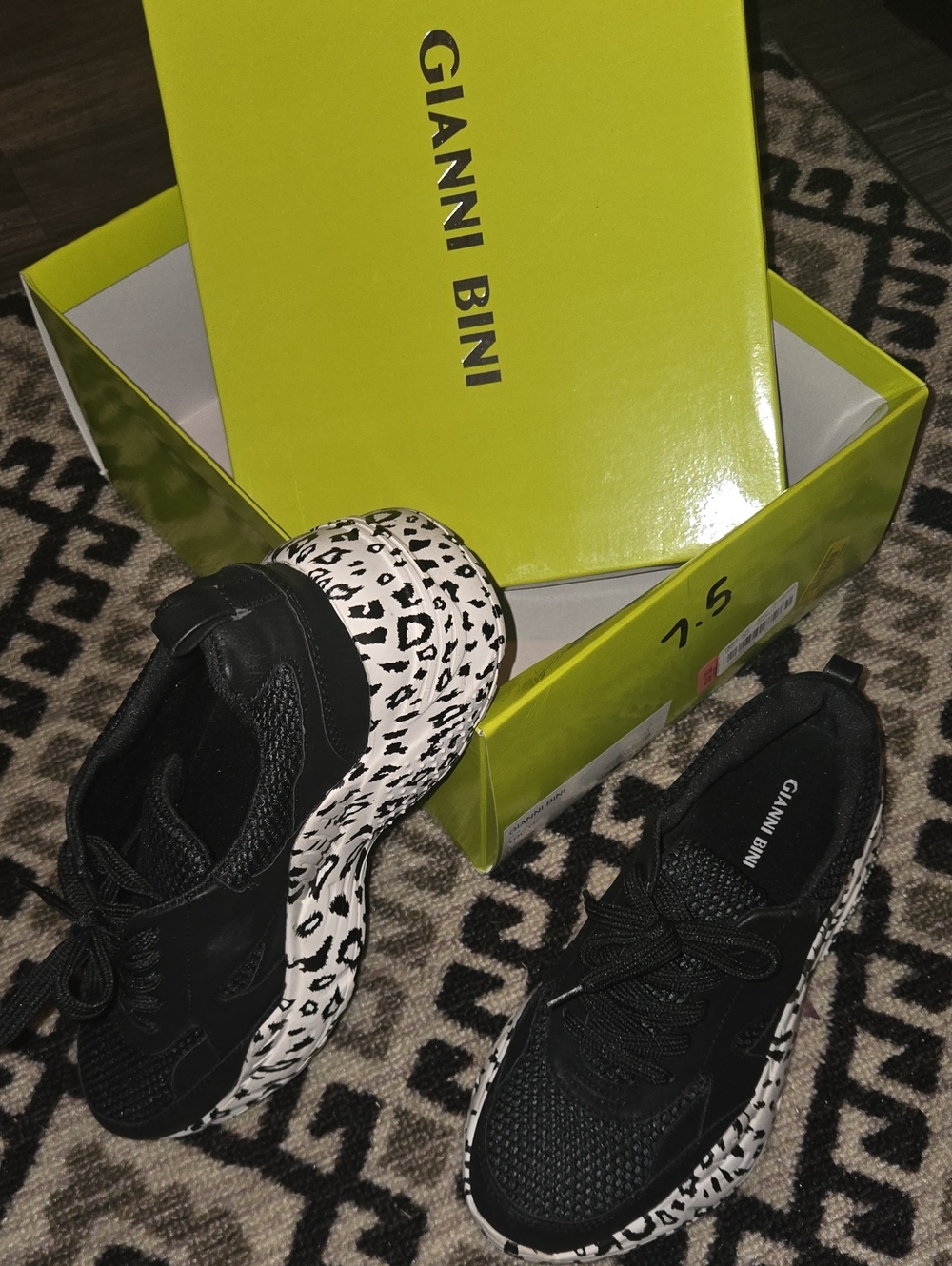Gianni Bini Black Knit Sneakers with White Leopard Platform